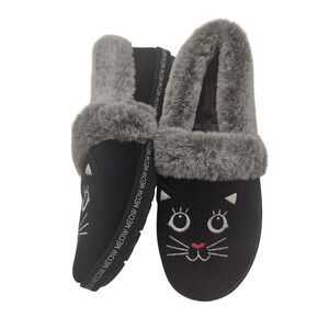 BOBS Skechers Black‎ Cat Slippers Faux Fur Trim Kawaii Cute Kidcore Fun Womens 7